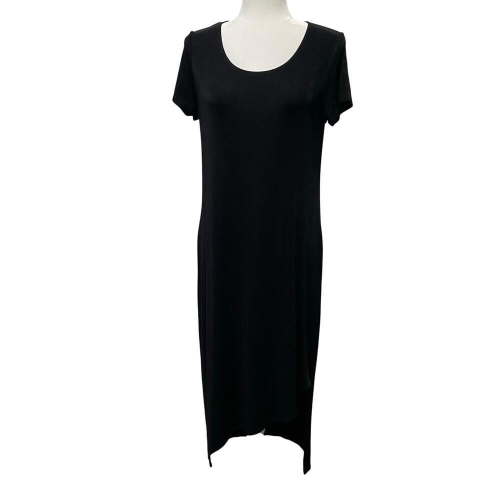 Chico’s Travelers Maxi Dress Sz M Black Scoop Neck Asymmetrical Front Hem Staple